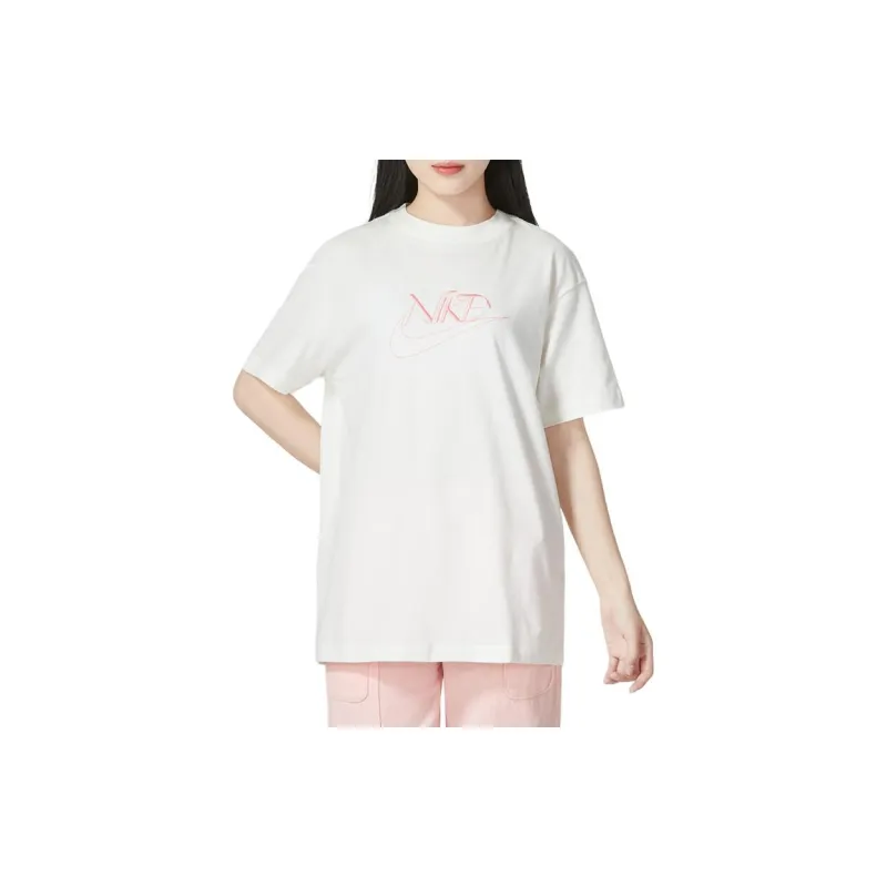 Nike Women'ss Letter Print Crewneck Retro T-Shirt Beige-2