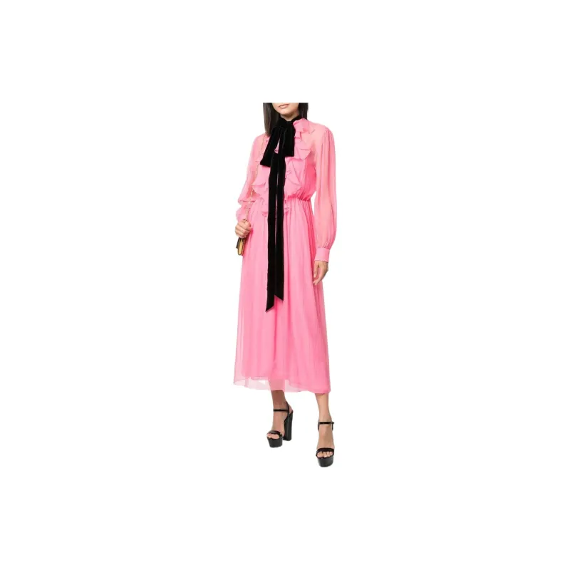 GUCCI Ruffled Silk Long Sleeve Dress Pink-1