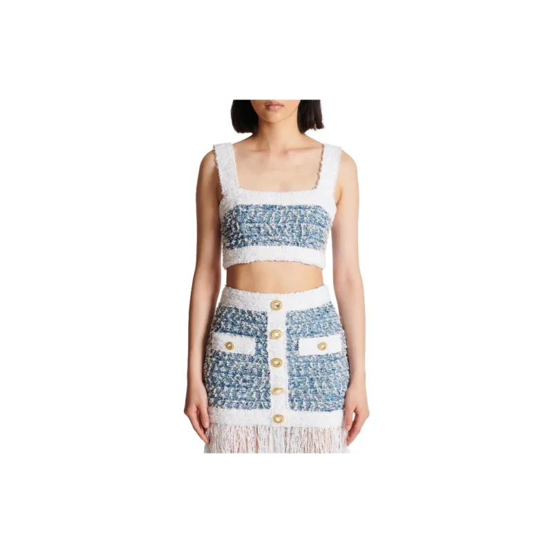 BALMAIN Denim Tweed Strappy Top-4