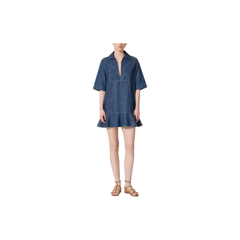 Valentino V Neck Peplum Denim Dress-1
