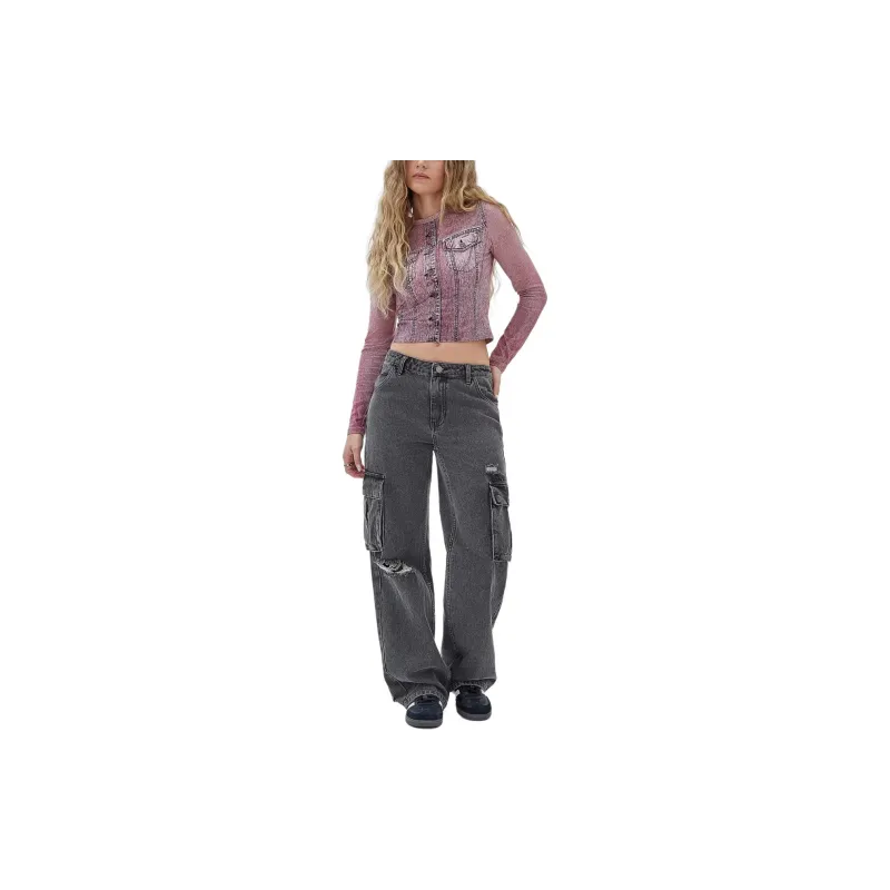 GUESS Cargo Denim Pants With Abrasions Jeans Women's Gray-4