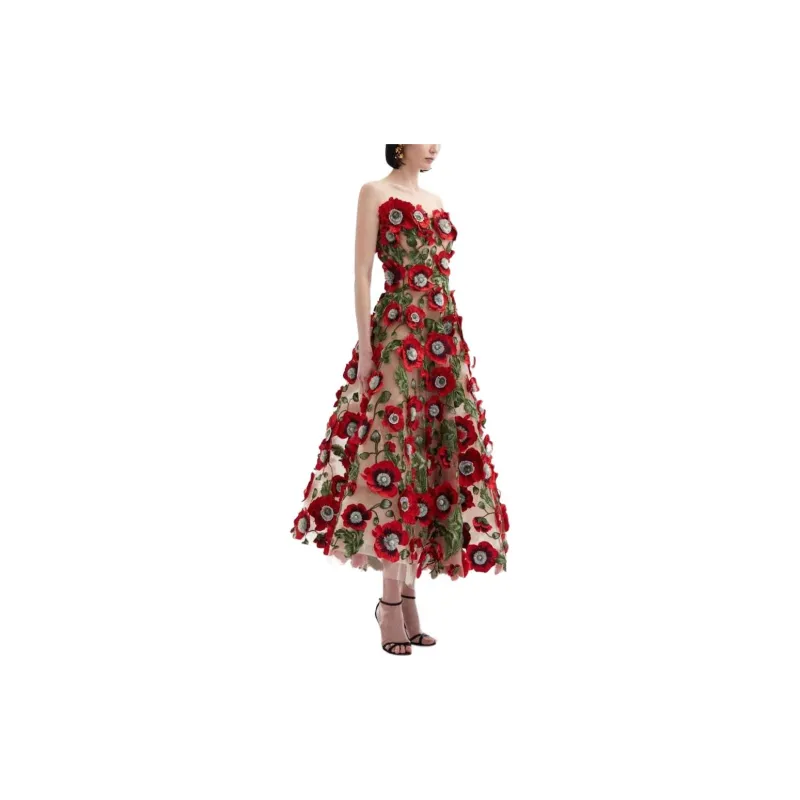 Oscar De La Renta Poppy-embroidered Midi Dress-3