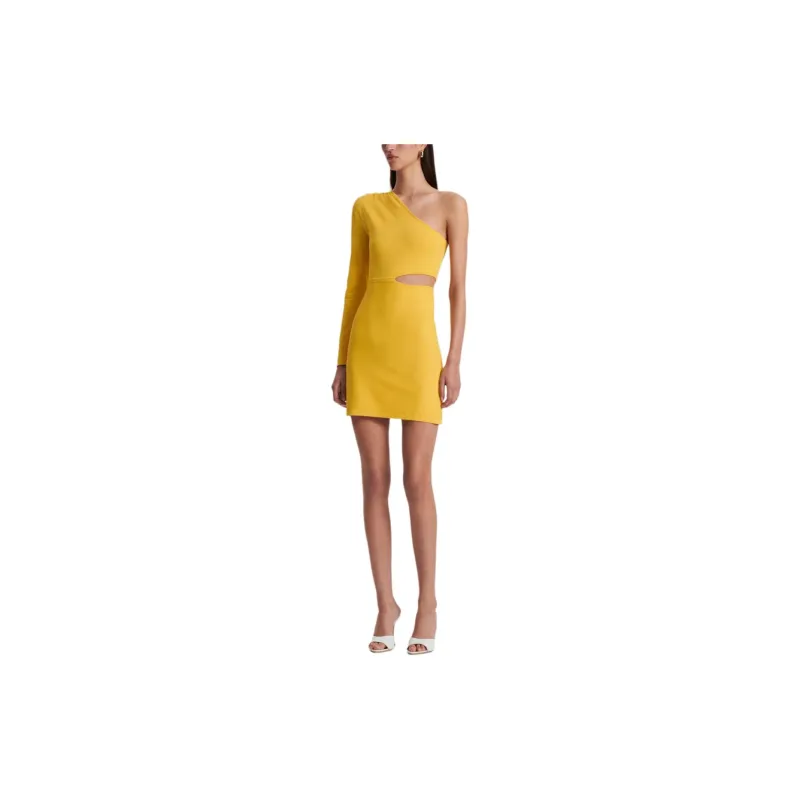 SCANLAN THEODORE Crepe Knit One Shoulder Mini Long-Sleeved Dresses Women's Daisy/Petite Yellow-1