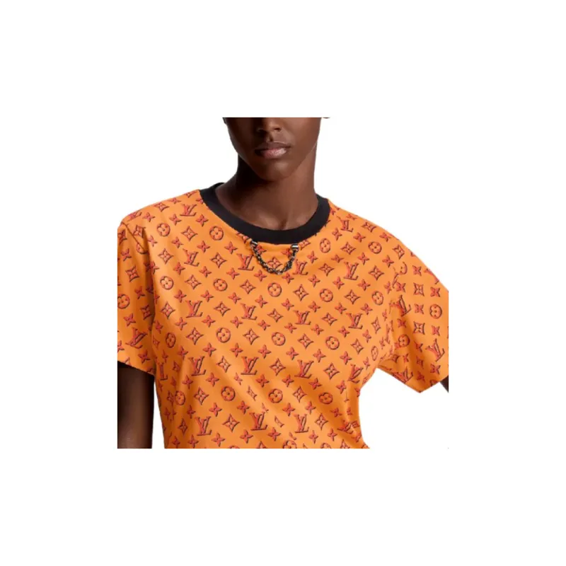 LOUIS VUITTON Logo Embossed Crew Neck Straight Fit Short Sleeved T Shirt T Shirt Women's Orange-4
