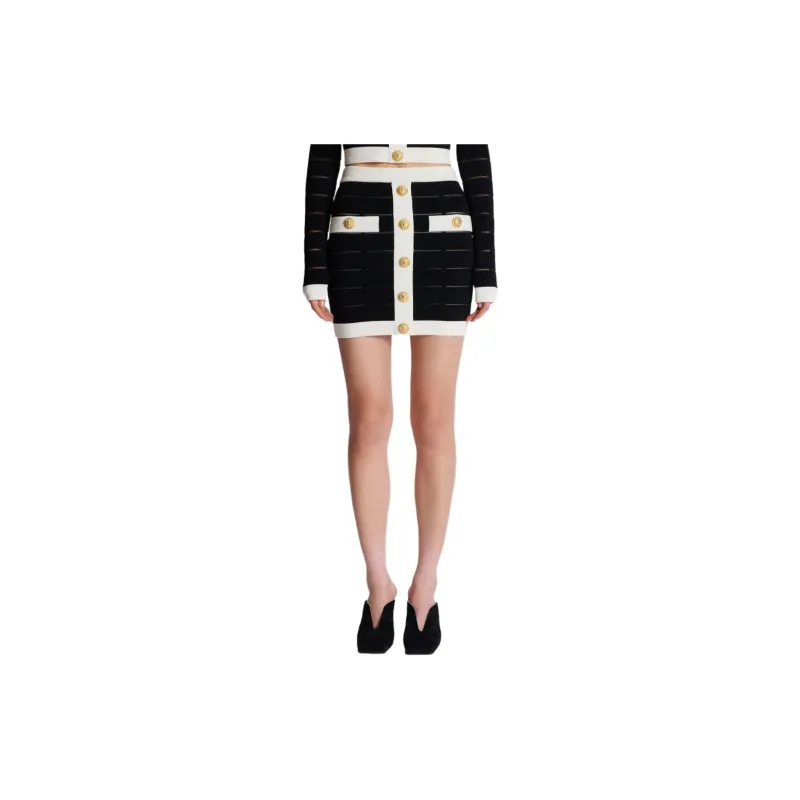BALMAIN Two Tone Buttoned Knit Skirt-4