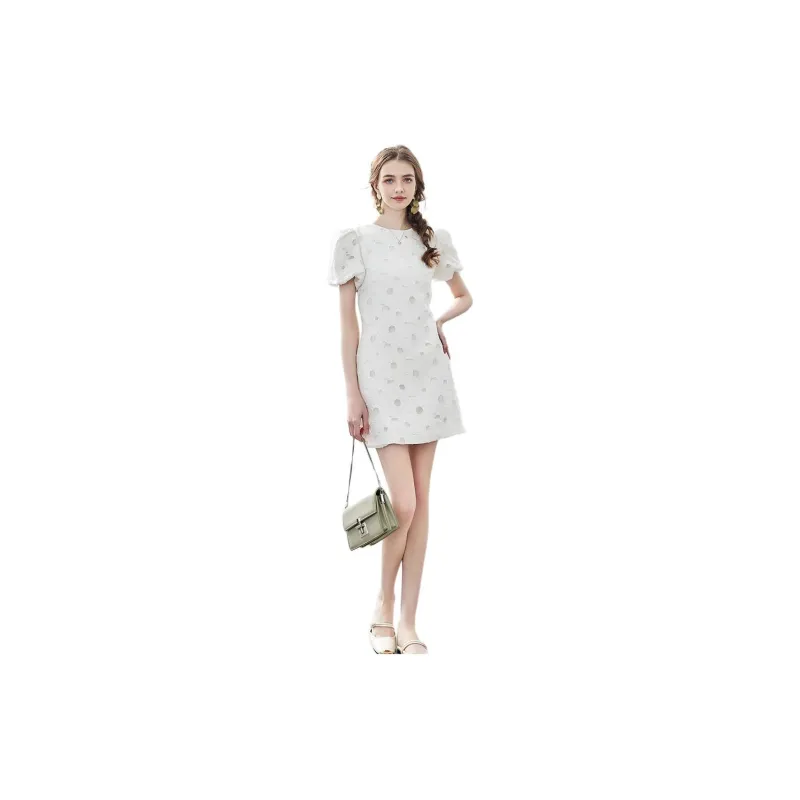 NAWAIN Short Sleeved Dresses Women's Embroidered White-3