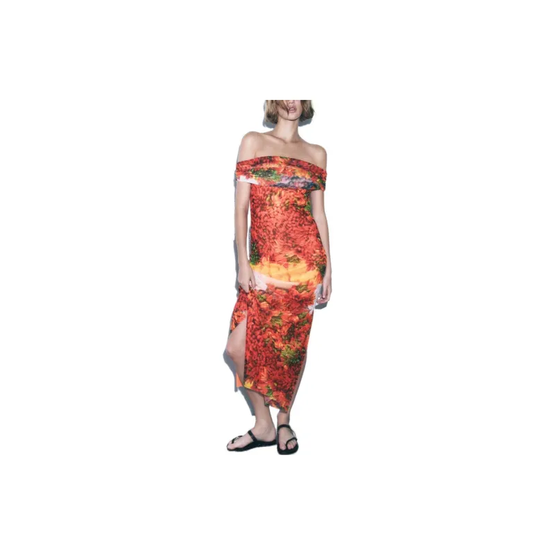 ZARA Short-Sleeved Dresses Women's Red-2