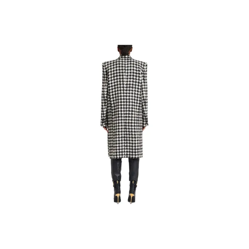 BALMAIN Double Breasted Houndstooth Coat 'Blanc Cassé/Noir'-2