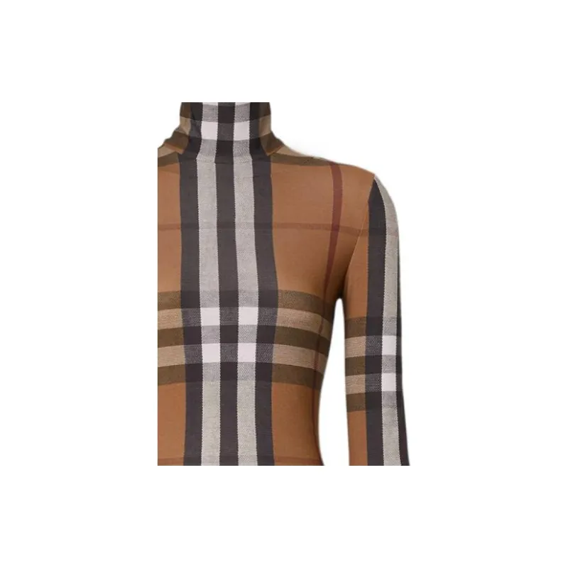 Burberry FW22 Woman's Stretch Jersey With Tartan Motif Top Brown-5
