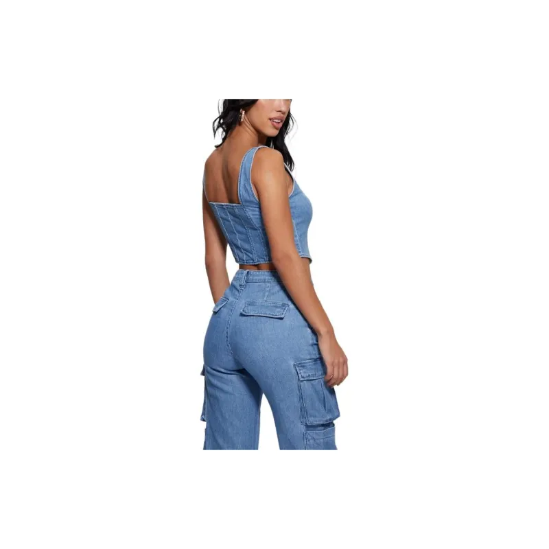 GUESS Denim Bustier Tank Tops Women's Blue-3