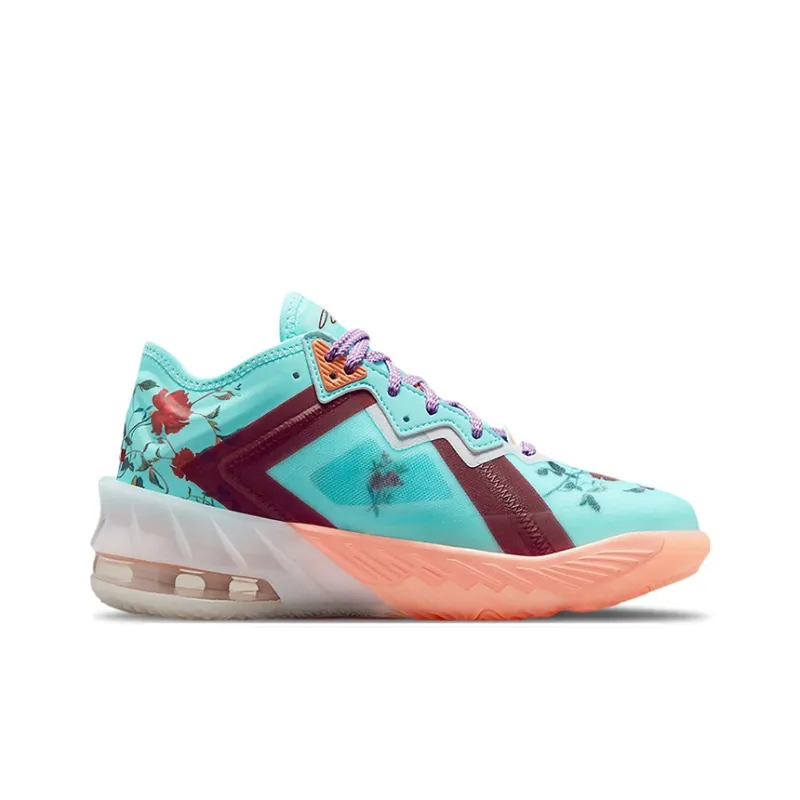 Nike Lebron 18 Low Floral Abrasion Resistant Shock Absorbers Low Top Children's Basketball Shoes Blue Red Unisex-1