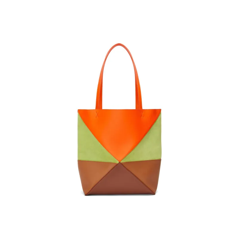 LOEWE Calfskin With Suede Tote Bag, Shopping Bag, Handbag Medium Size Women's Bright Orange & Prairie Green-2