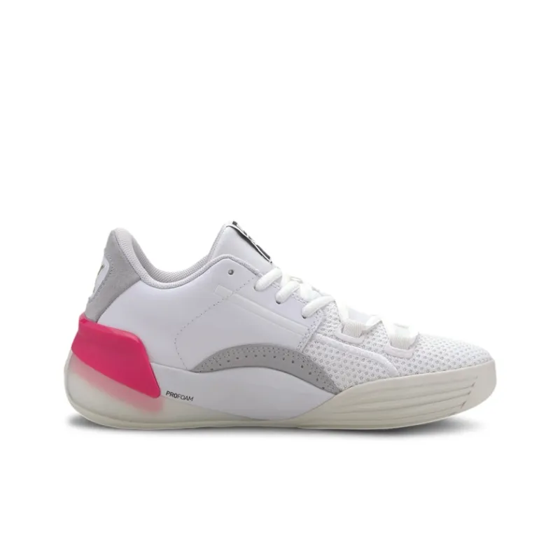 PUMA Clyde Hardwood Anti-Slip Wear-Resistant Mid-Top Performance Basketball Shoes White Pink Teenagers-1