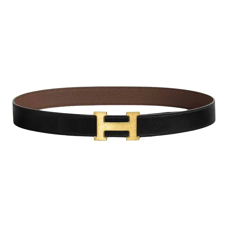 HERMES Metal, Calfskin, Gold Plated Leather Belts Unisex Brown/Black Width 3.2CM-1