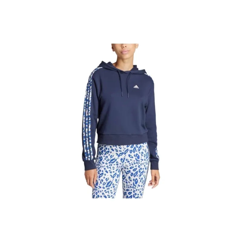 Adidas Essentials 3-Stripes Animal Print Relaxed Hoodie Sweatshirt Women's Marine Blue-1