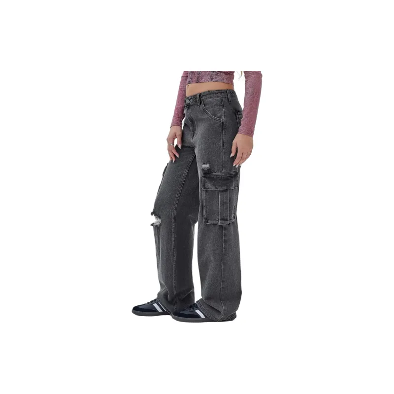 GUESS Cargo Denim Pants With Abrasions Jeans Women's Gray-3