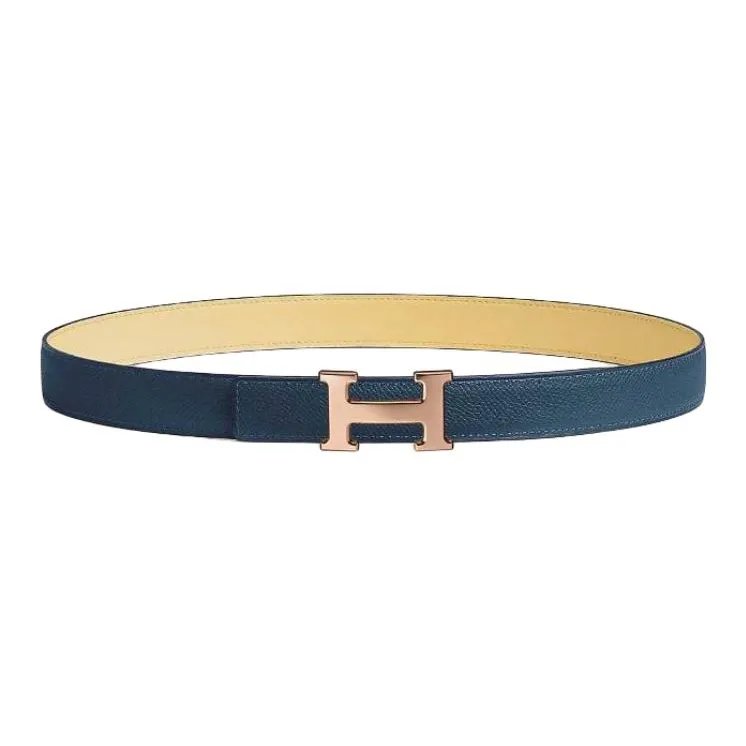 HERMES Rose Gold-Plated Calfskin Metal Leather Belts Unisex Yellow/Navy Width 2.4CM-1