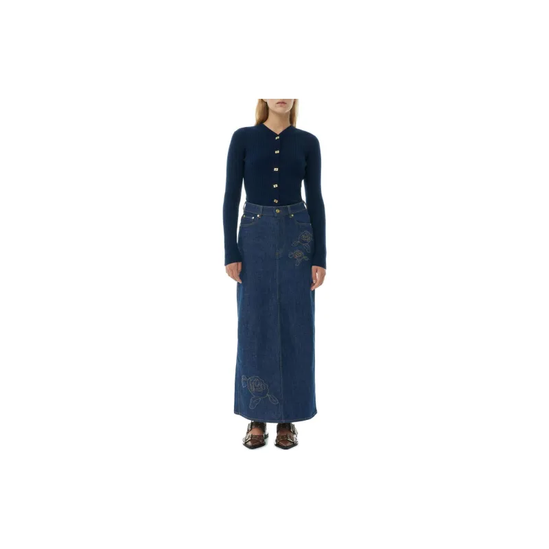 GANNI Blue Mini Ribbed Merino Cardigan Knitwear Women's Marine Blue-2