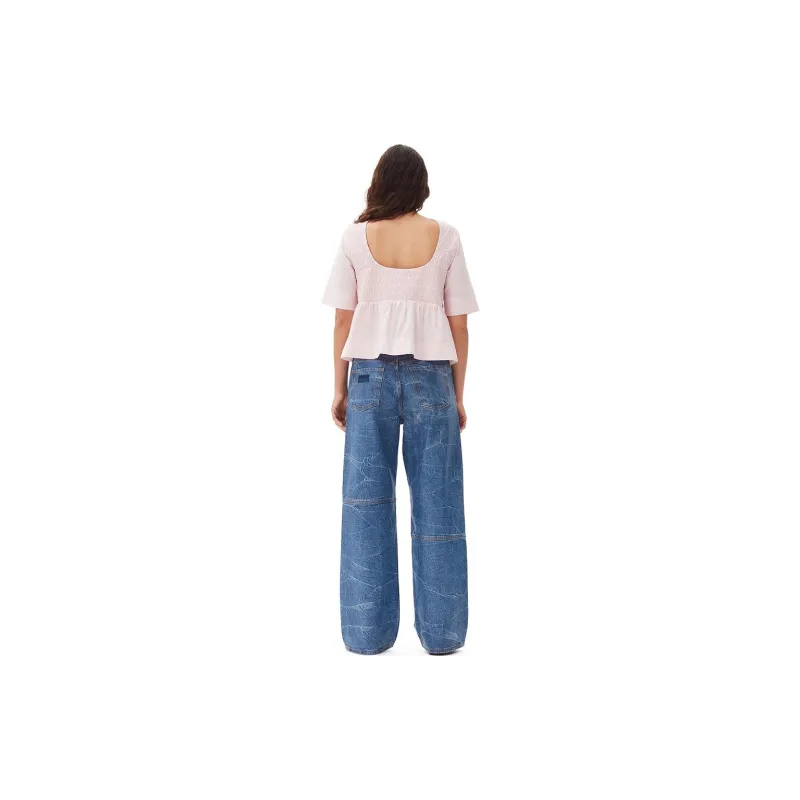 GANNI Smocked-panelling Poplin Blouse-3