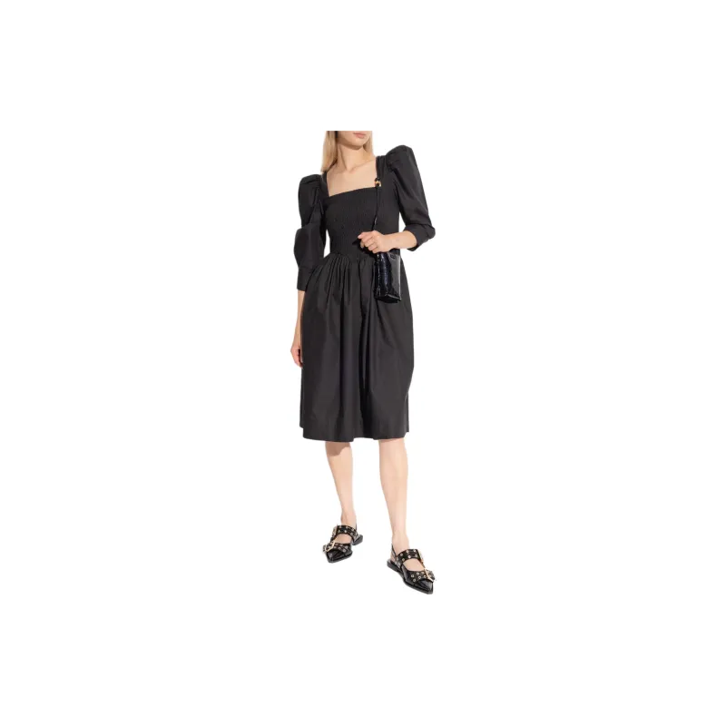 GANNI Ruched Square Neck Ribbon Back Dress-2