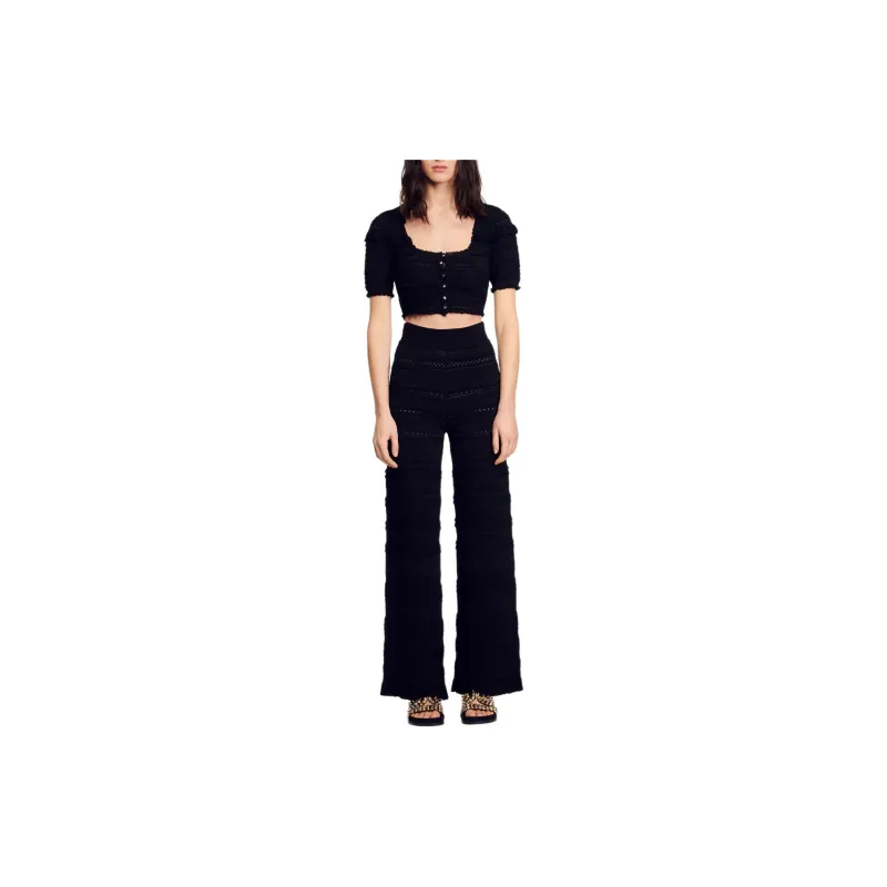 Sandro Ruffled Pointelle-knit Cropped Cardigan-2