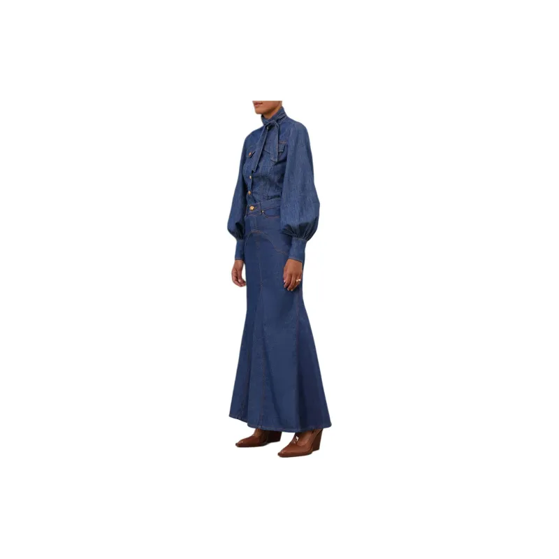 Zimmermann SS24 Denim Long Skirts Women's Railroad Blue-3