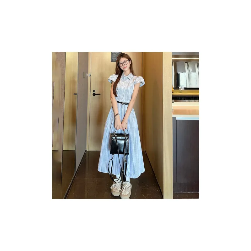 Vine Color Short Sleeved Dress Women's Light Blue Plaid-9
