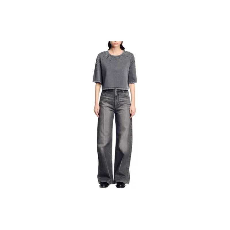Sandro Gem embellished Cropped T shirt-1