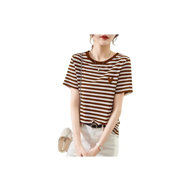 XWI T Shirt Women's Coffee White Stripes-1