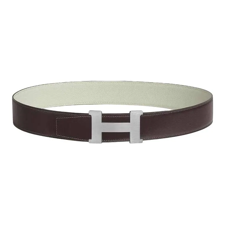 HERMES Brushed Palladium Leather Belts Unisex Gray Snow/Dark Brown Width: 3.8cm-1
