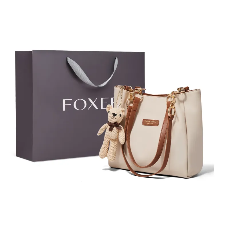 FOXER Cow Leather Tote Bag Shopping Bag Shoulder Bags Regular Large Size Women's White/Brown-1