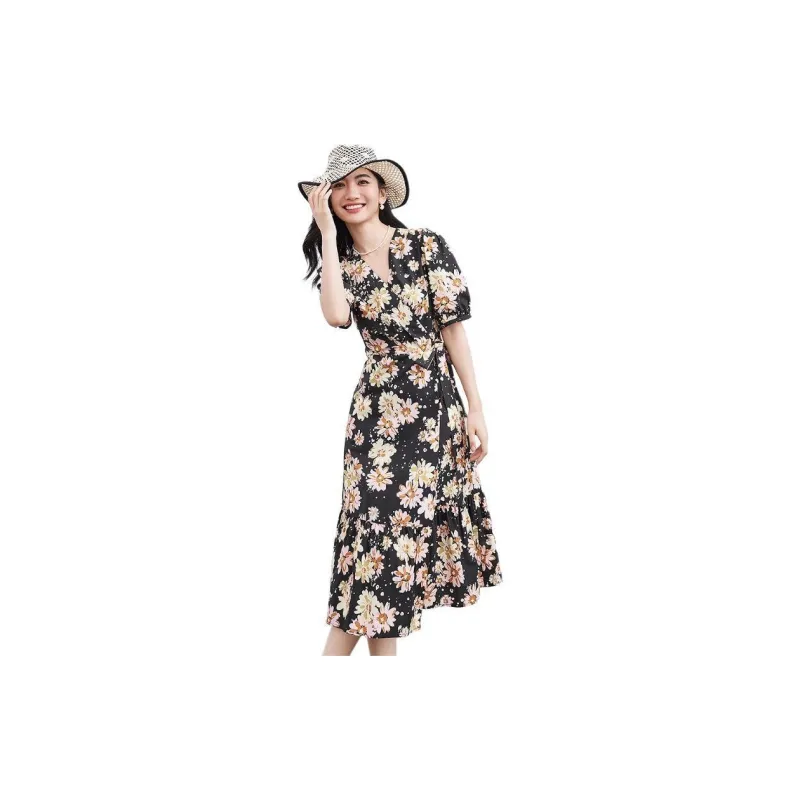 Hopeshow Short Sleeved Dress Women's Black Sole Pink Floral-3