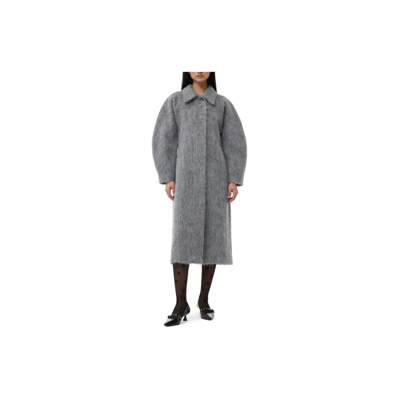 GANNI Fluffy Wool Curved Sleeves Coat Women's Gray-2