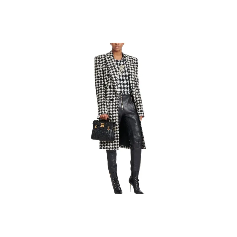 BALMAIN Double Breasted Houndstooth Coat 'Blanc Cassé/Noir'-3