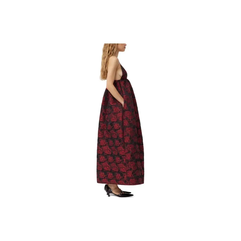 GANNI Botanical Jacquard Long Strap Dress Slip Dress Women's High Risk Red-3