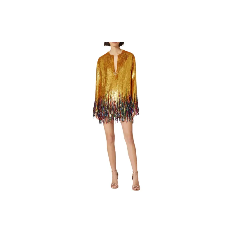 Valentino Short Embroidered Organza Dress Long-Sleeved Dresses Women's Gold-1