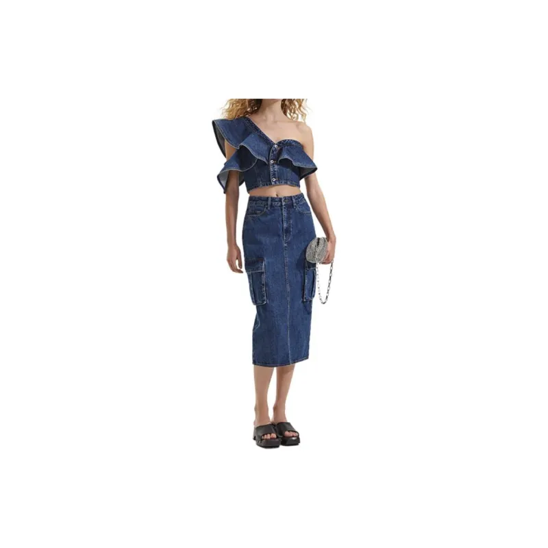 Self portrait Denim Long Skirt Women's Denim Blue-1