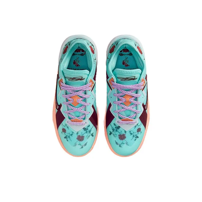 Nike Lebron 18 Low Floral Abrasion Resistant Shock Absorbers Low Top Children's Basketball Shoes Blue Red Unisex-3
