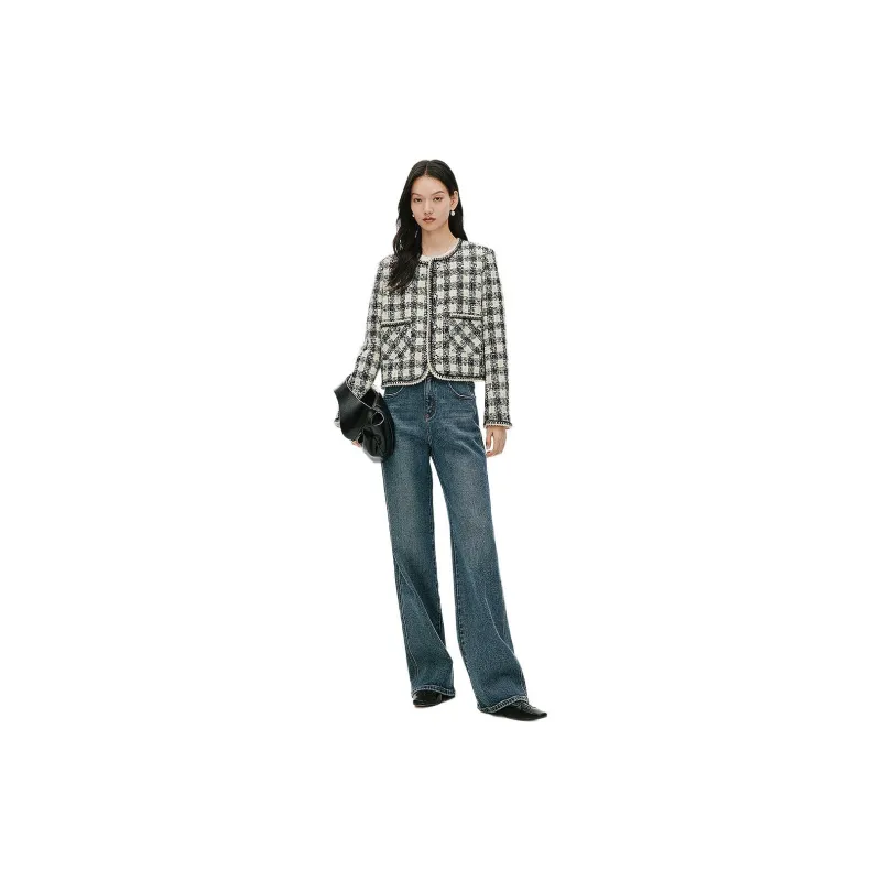 Hopeshow SS24 Jackets Coats Women's White Base Black Plaid-1