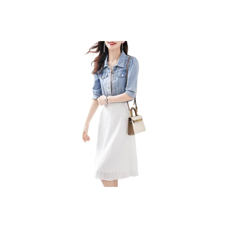 Still quiet Two Piece Skirt Sets Women's Blue+White-1