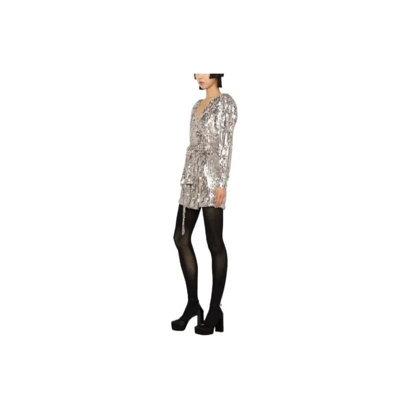 Rotate V-Neck Sequined Long Sleeved Dress-4