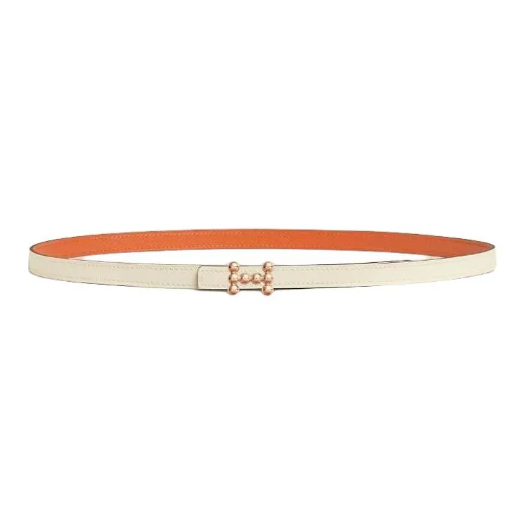 HERMES Calfskin Leather Belts Women's White Orange Width 1.3CM-0