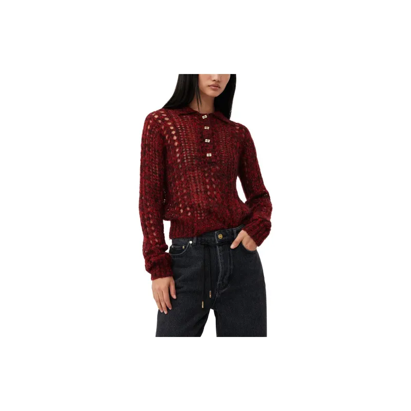 GANNI Mohair Lace Polo Sweater Sweater Women's Red-4