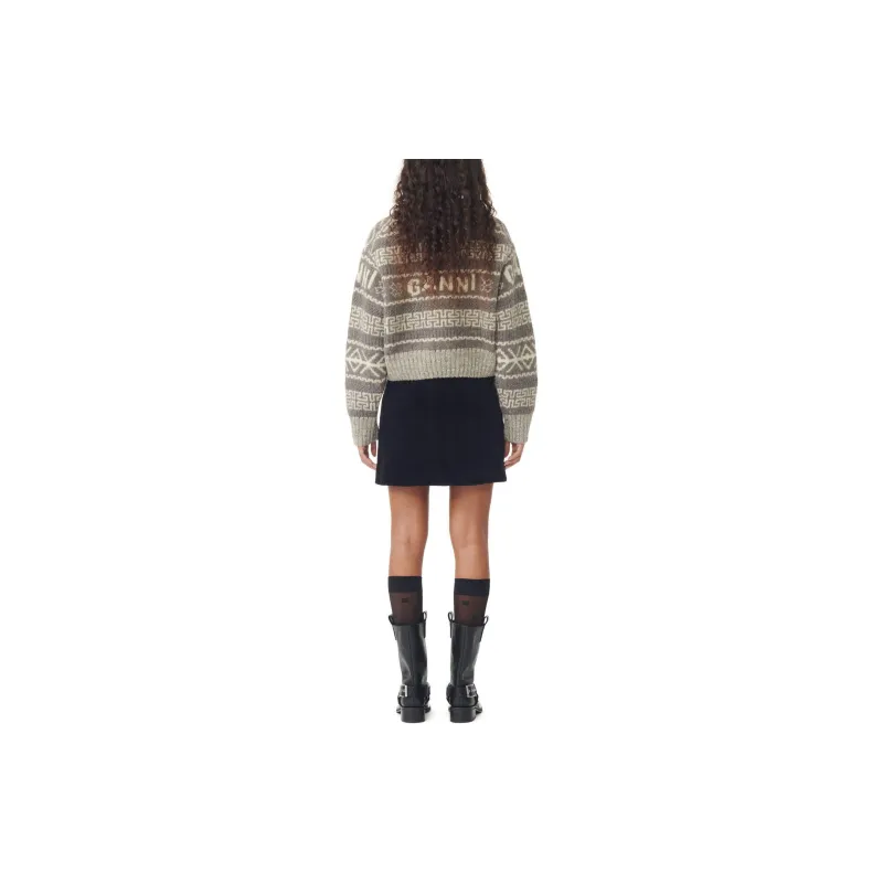 GANNI FW23 Lambswool Cropped O-Neck Pullover Sweater Women's Gray-2