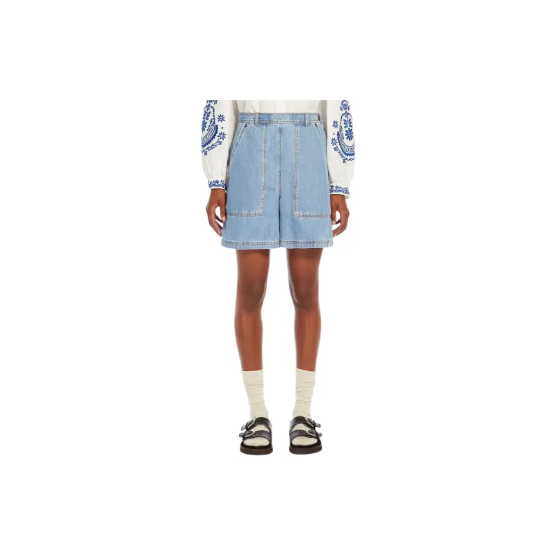 WEEKEND MaxMara Elica Collection Cotton And Linen Denim Jeans Casual Shorts Women's Blue-3