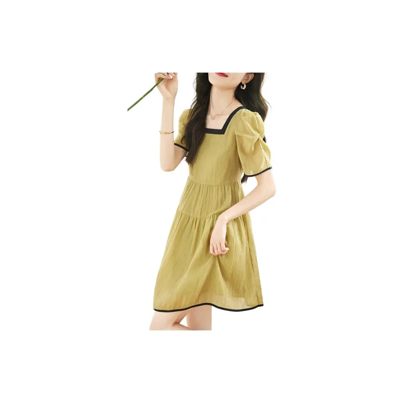 Mo Han Yi Mei Short Sleeved Dress Women's Yellow Green-1