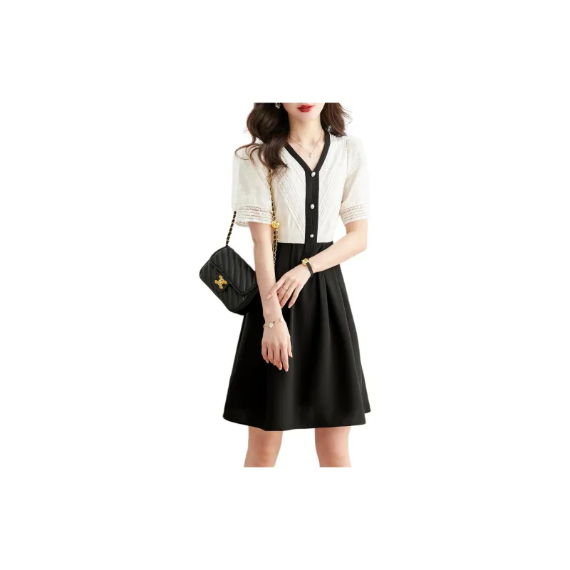 Still Quiet Short Sleeved Dress Women's Beige+Black-5