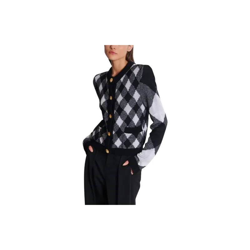 BALMAIN Check Patterned Round Neck Cardigan-5