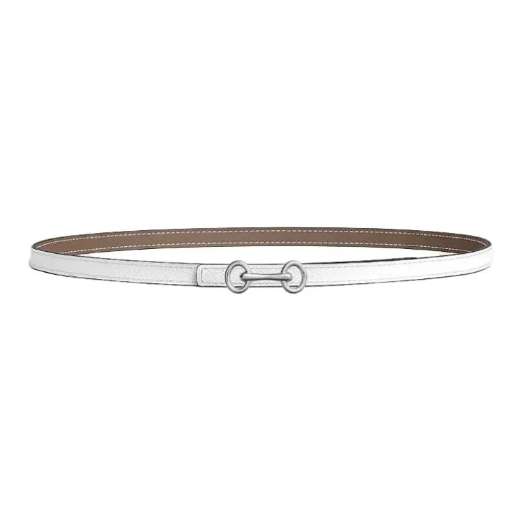 HERMES Calfskin Leather Belts Women's Taupe/White Width: 1.3cm-1