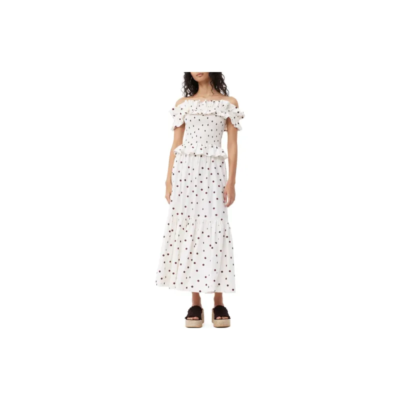 GANNI Cotton Poplin Maxi Flounce Skirt Casual Long Skirts Women's White-2
